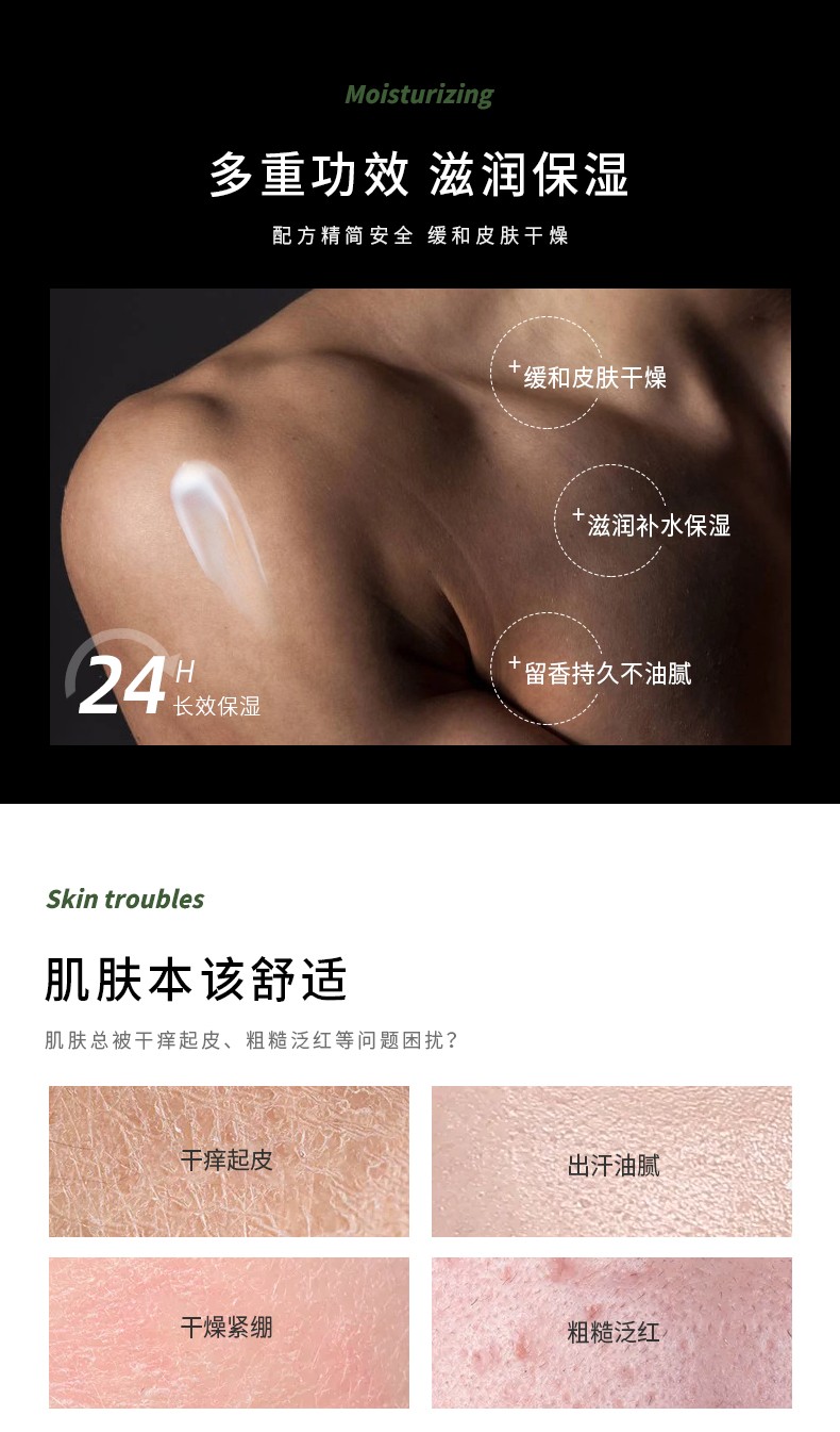 多重功效 滋潤保濕，配方精簡安全緩和皮膚干燥，滋潤補水保濕，24小時長效保濕，細膩溫和不刺激，留香持久不油膩
